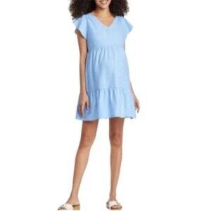 Isabel Maternity Sky Blue V-Neck Ruffle Babydoll Tiered Dress Women’s Medium